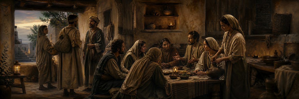A first-century house church sharing a meal while discerning hospitable and trustworthy leaders